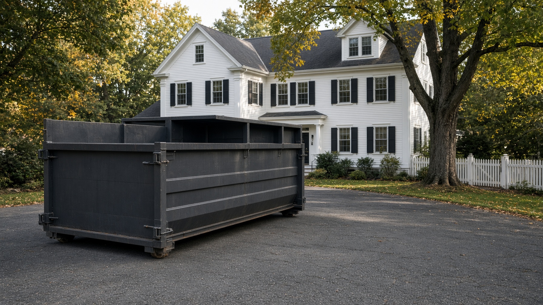 Roll-off dumpster set in a residential driveway