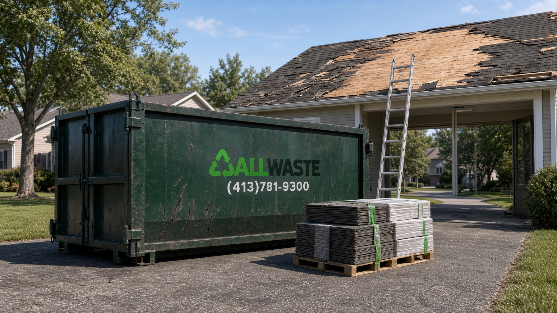 Weathered green dumpster set at a roof replacement